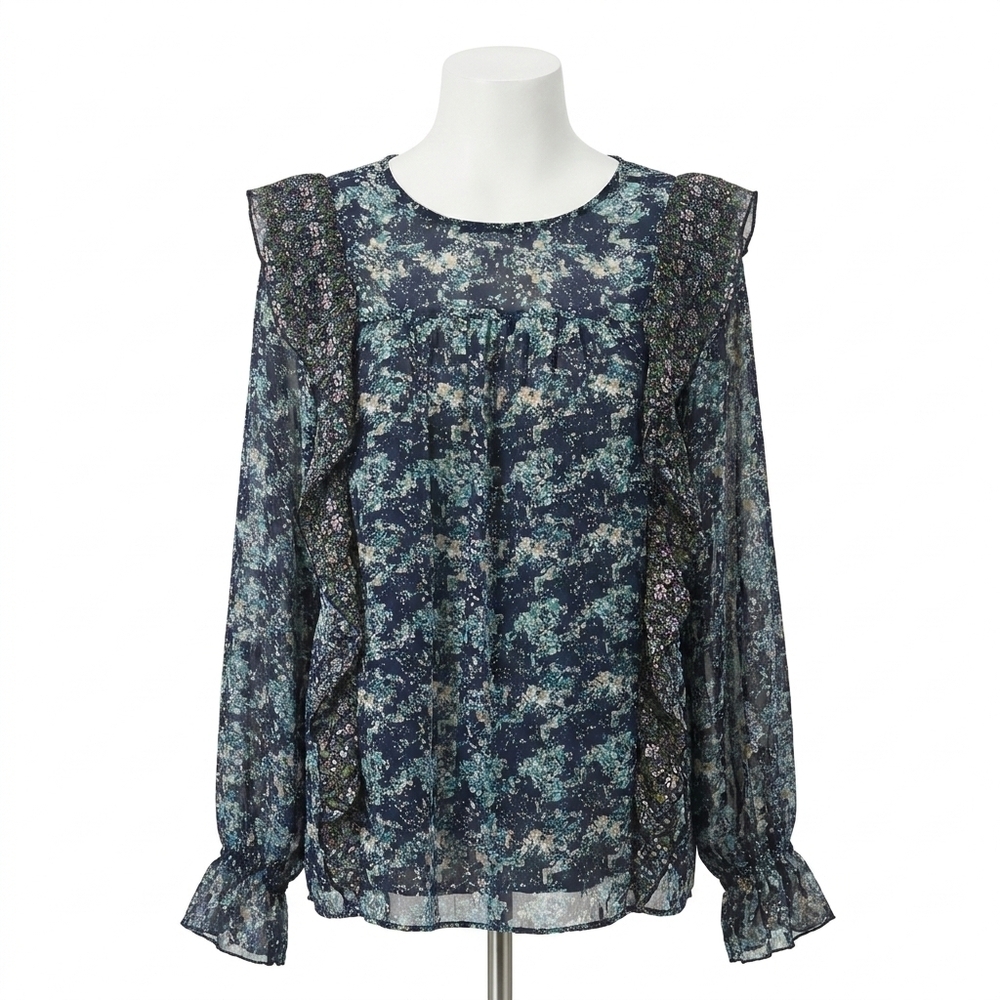 NEW MYSTREE women's long sleeve boho blouse floral cottage ruffle in green blue